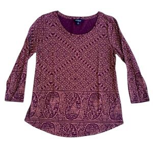 Lucky Brand Women's Top Brown Paisley Long Sleeves Crew Neck Size Small